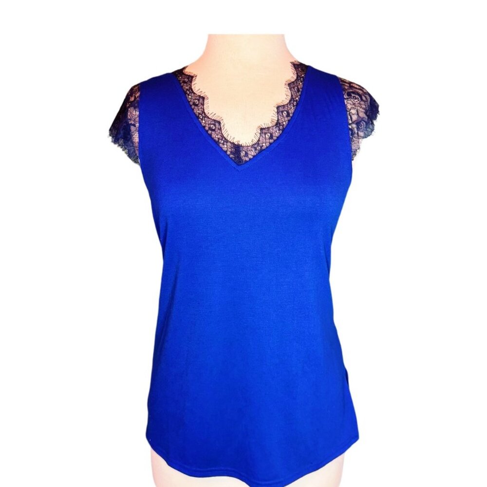 Nine Eight Blue Top Black Lace V-neck Short Sleeve Breathable Summer Top Stretch